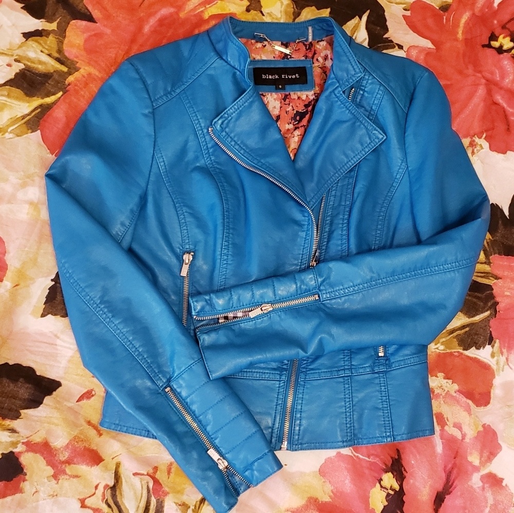 Black Rivet Turquoise Moto Jacket